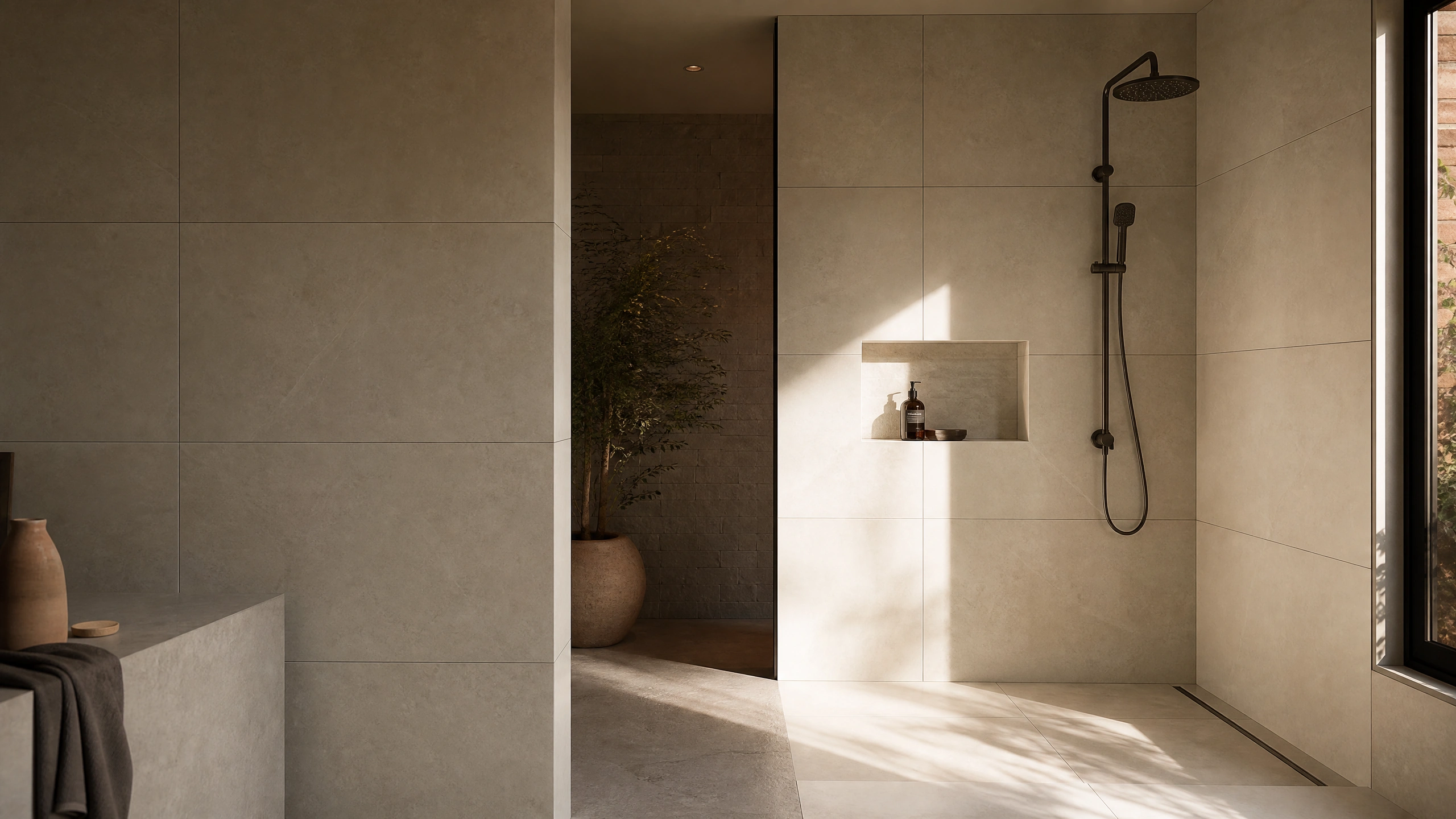 Large-format tiled shower